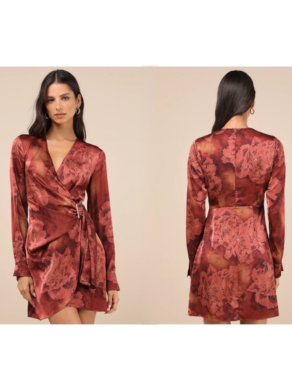 NWT Lulus Casually Elegant Rust Floral Satin Surplice Belted Mini Dress XS